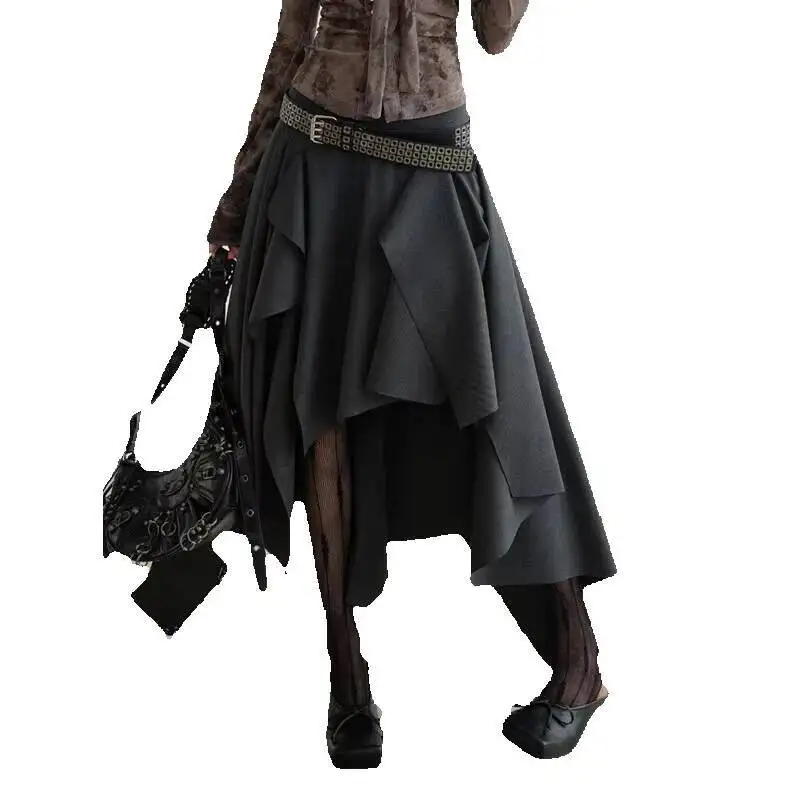 

VIBE Темно-серая юбка с высокой талией в стиле заусенцев, нерегулярная юбка до половины тела с разрезом, женская мода, новинка весны и осени 2025 0wjwmn