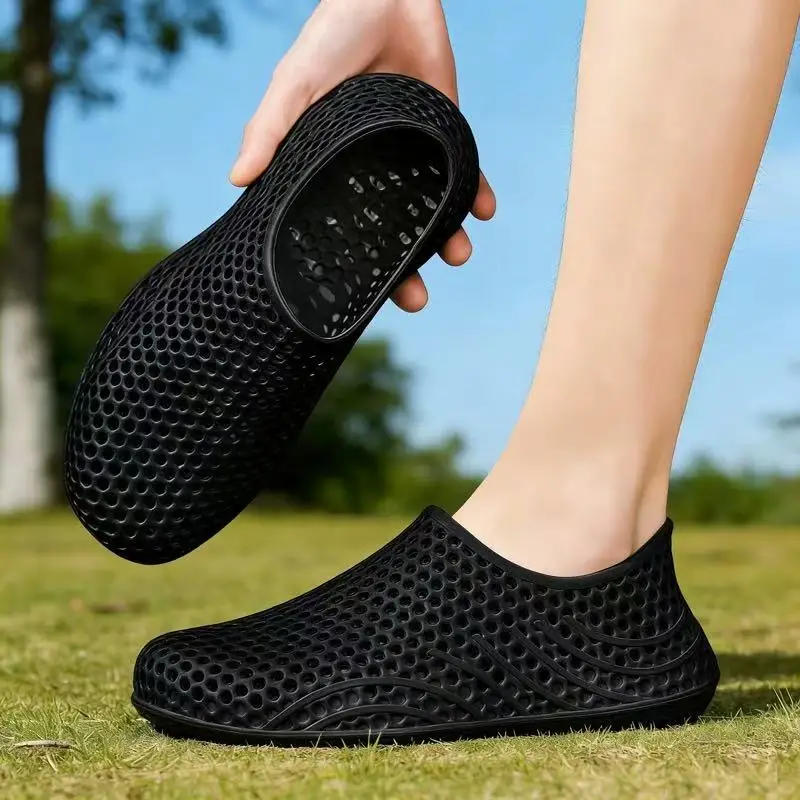 Unisex Solid Black Full Honeycomb Hole Water Shoes Quick Drain EVA Slip on Non Slip Barefoot Beach Swimming Shower Aqua Sneakers