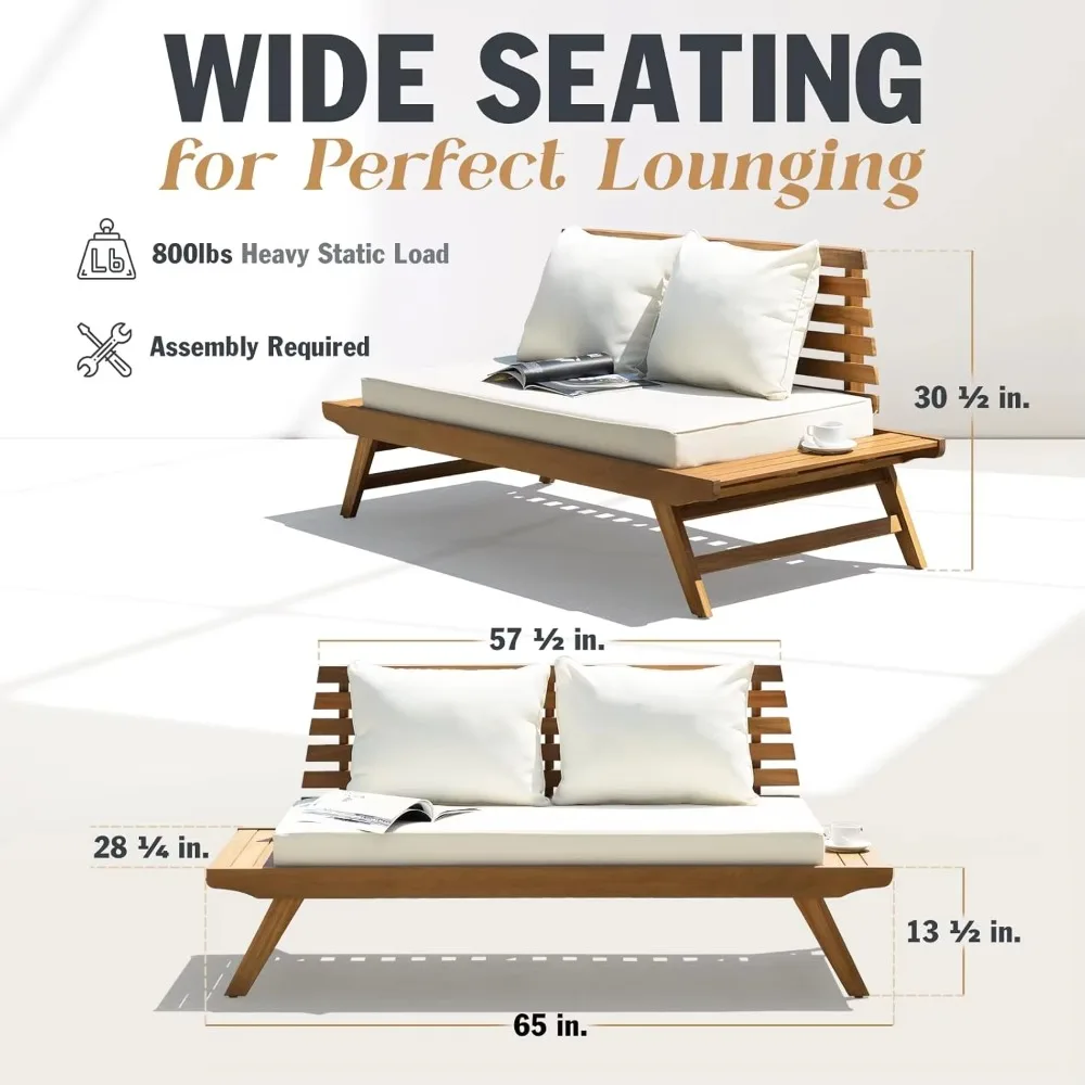 Acacia Patio Loveseat, FSC Certified 2 Seater Outdoor Sofa w/ Thick Cushions, Teak Finish Porch Couch for Garden Backyard, Beige