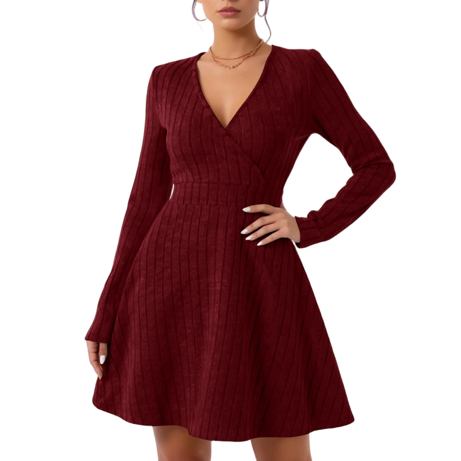 秋/冬セクシーなボディコンセーター女性のスリムフィットVネック長袖ニットドレスミディカジュアルソリッドカラードレス
