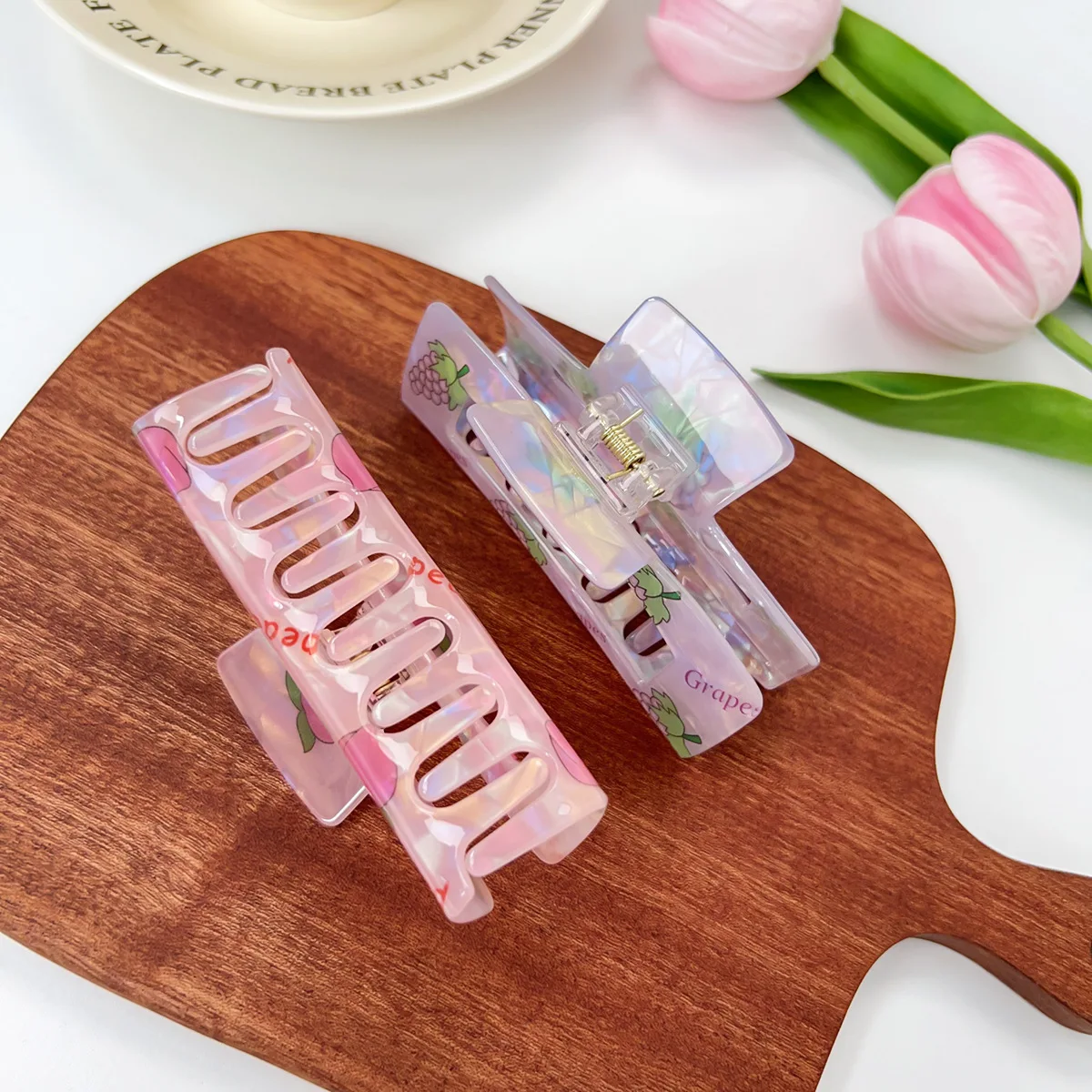 1 Uds. Pinza para el pelo de fruta iridiscente de 10,3 cm, Clip de tiburón en tonos caramelo, agarre antideslizante dulce para mujer, accesorio diario ligero