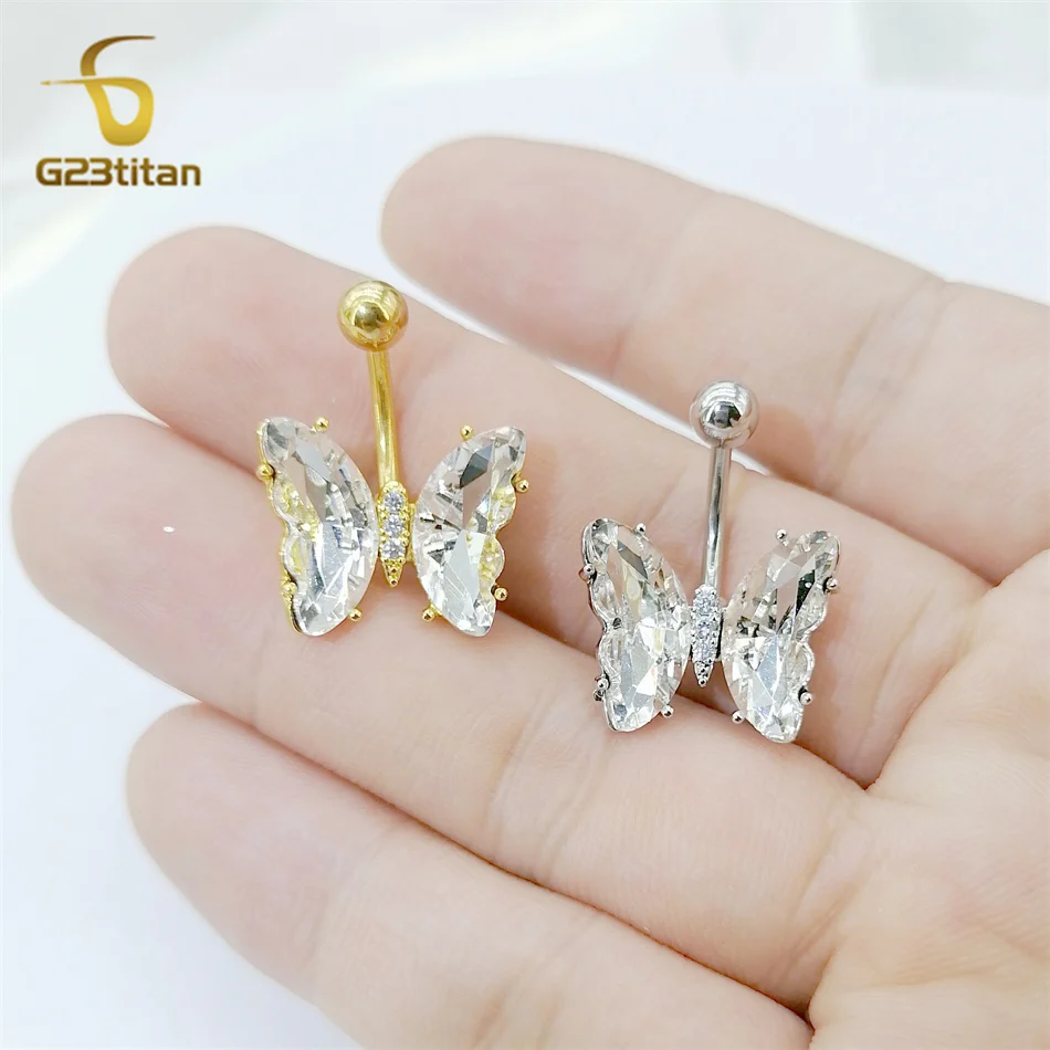 G23titan Bright White Zircon Butterfly Belly Ring 14G 6-16mm G23 Titanium Curved Barbell Navel Piercing Women Sexy Body Jewelry