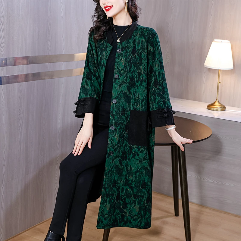 2023 Autumn/Winter New Cashmere Jacquard Windbreaker for Middle aged Mothers Loose Large Length Display Knee Length Coat