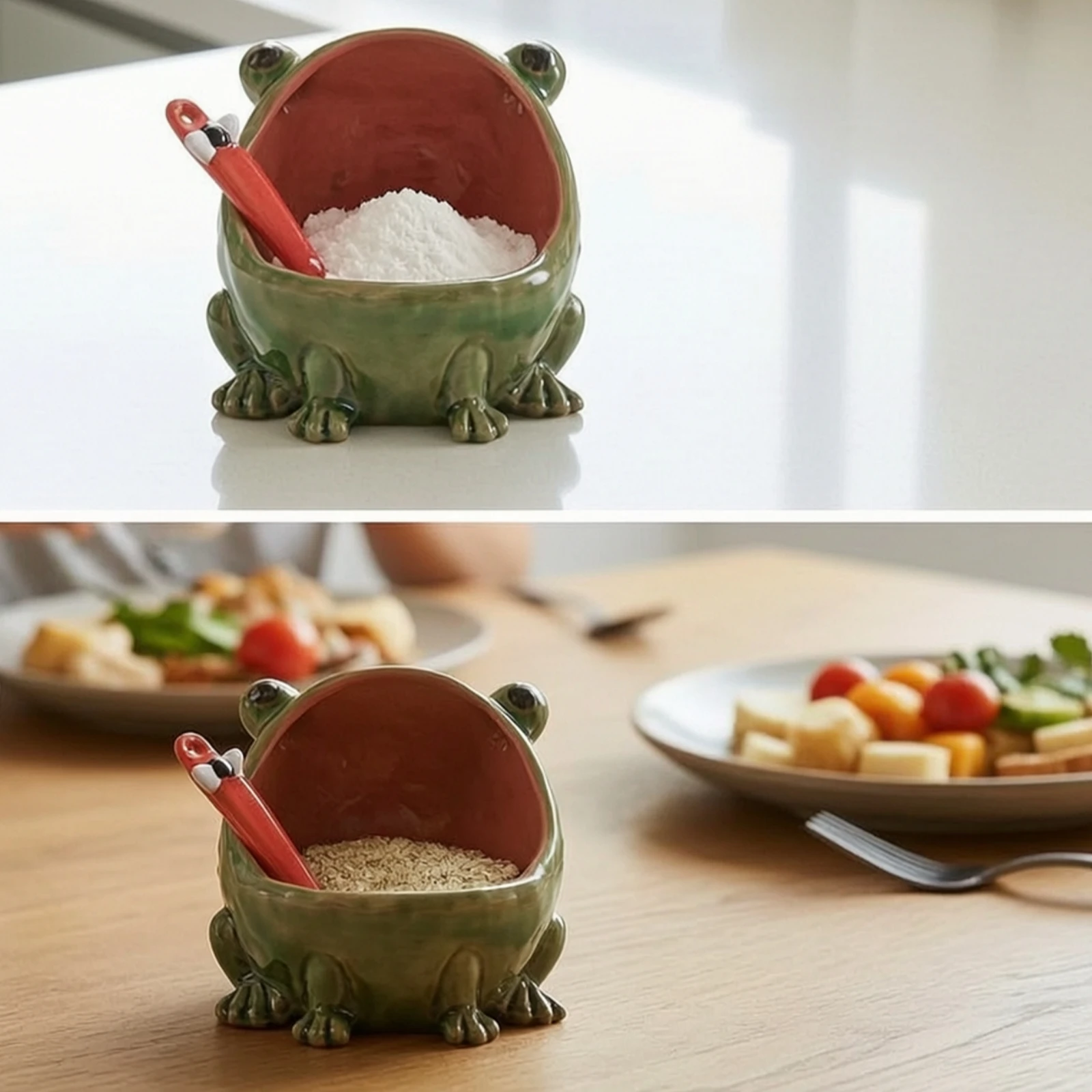 Frog Seasoning Cellar Animal-Shaped Ceramic Jar with Spoon Frog Seasoning Holder Playful Seasoning Jar Open-Top for Home Cooks