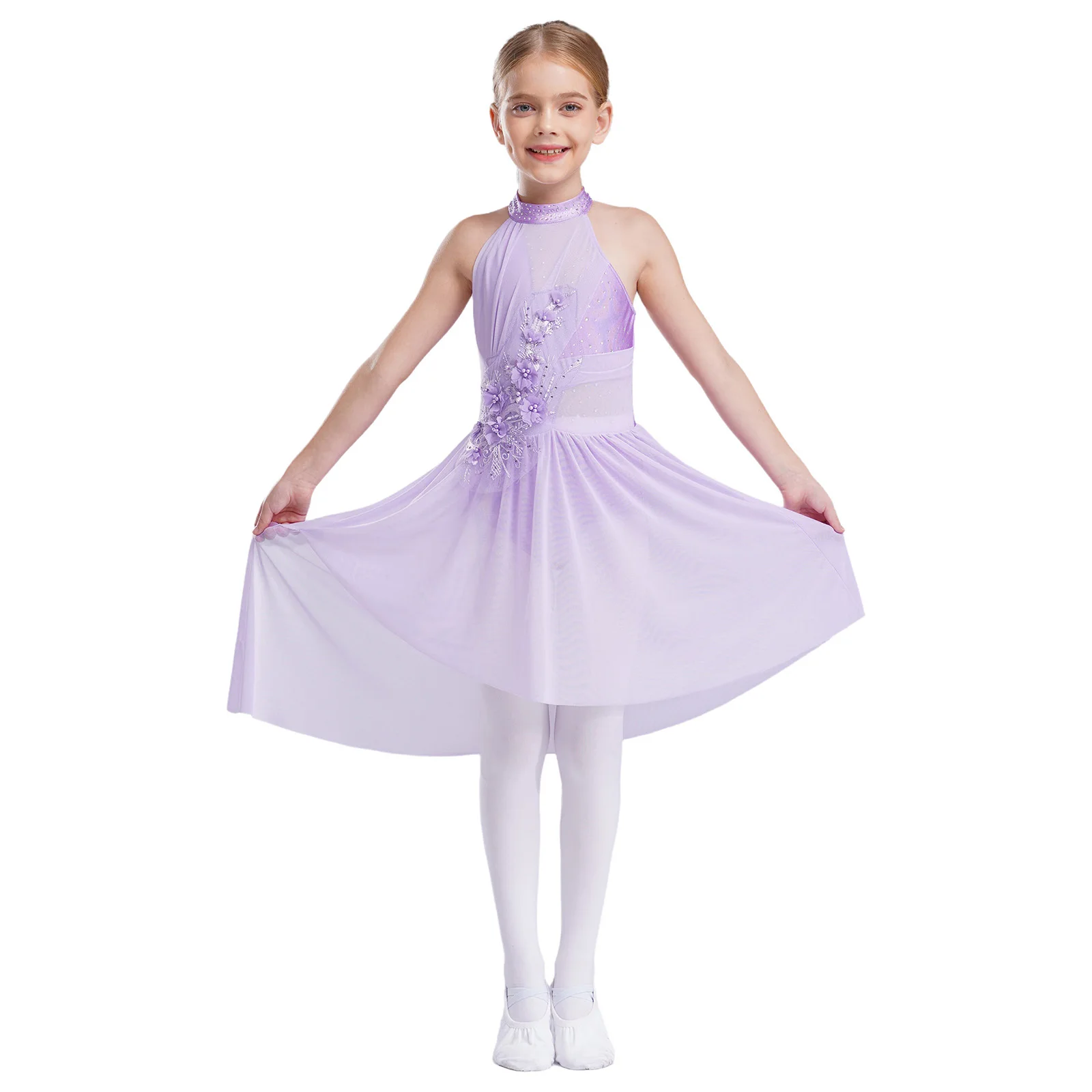 Kids Girls Ballet Lyrical Dance Dress Gymnastics Leotard Tutu Dress Rhinestones Figure Skating Modern Contemporary Dance Costume