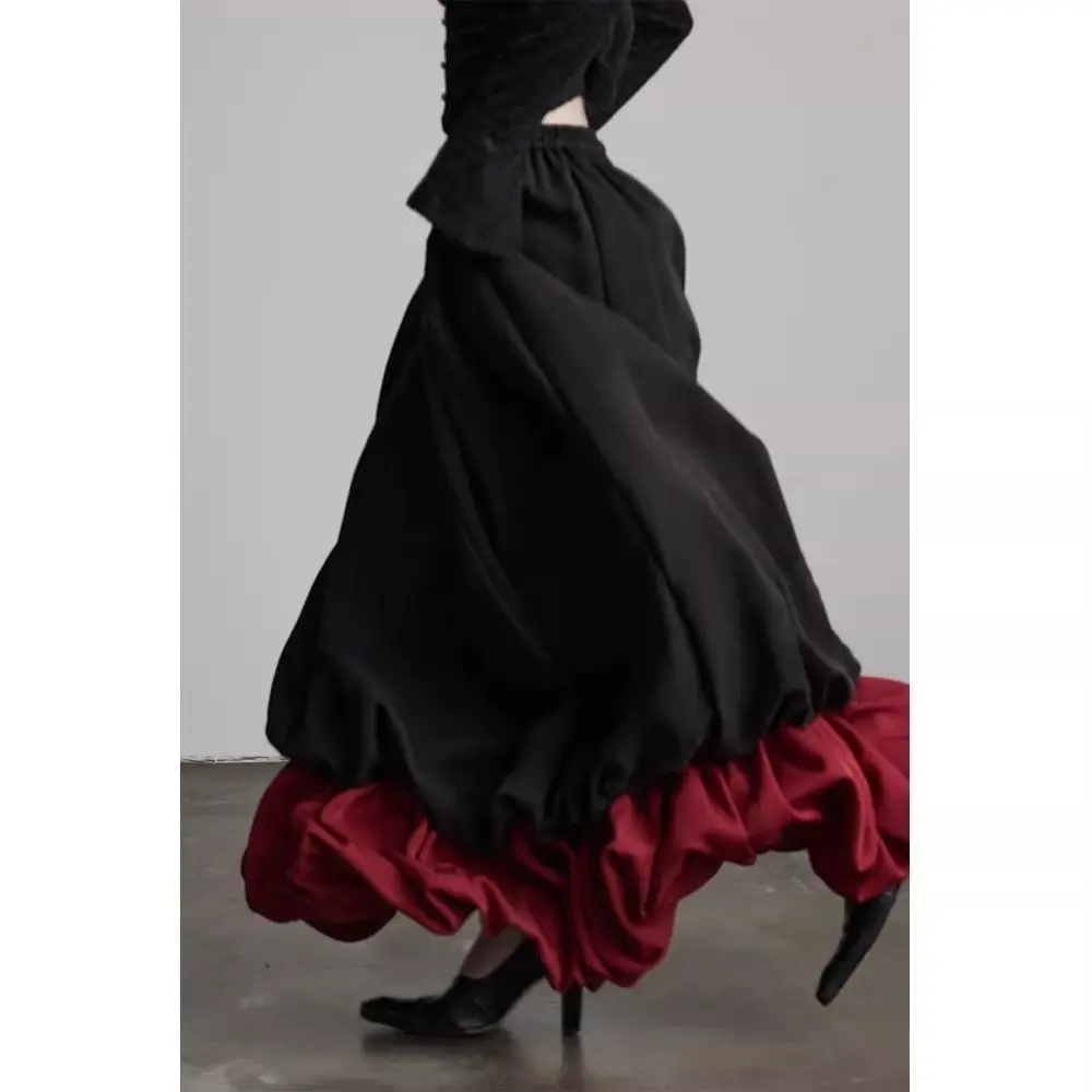 Elegant Women Gothic Black Red Color Block Faux Two Piece A Line Maxi Skirt Autumn High Waist Vintage Dark Princess Long Skirt