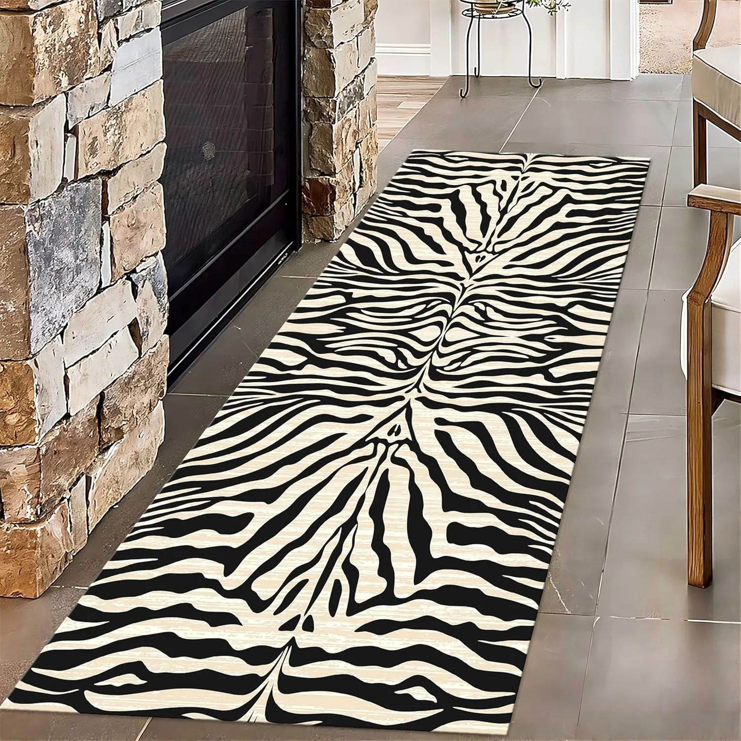 Animal Stripes Runner for Entryway Boho Beige Animal Zebra Print Rugs for Living Room, Wildlife Fur Print Non-Skid Carpets