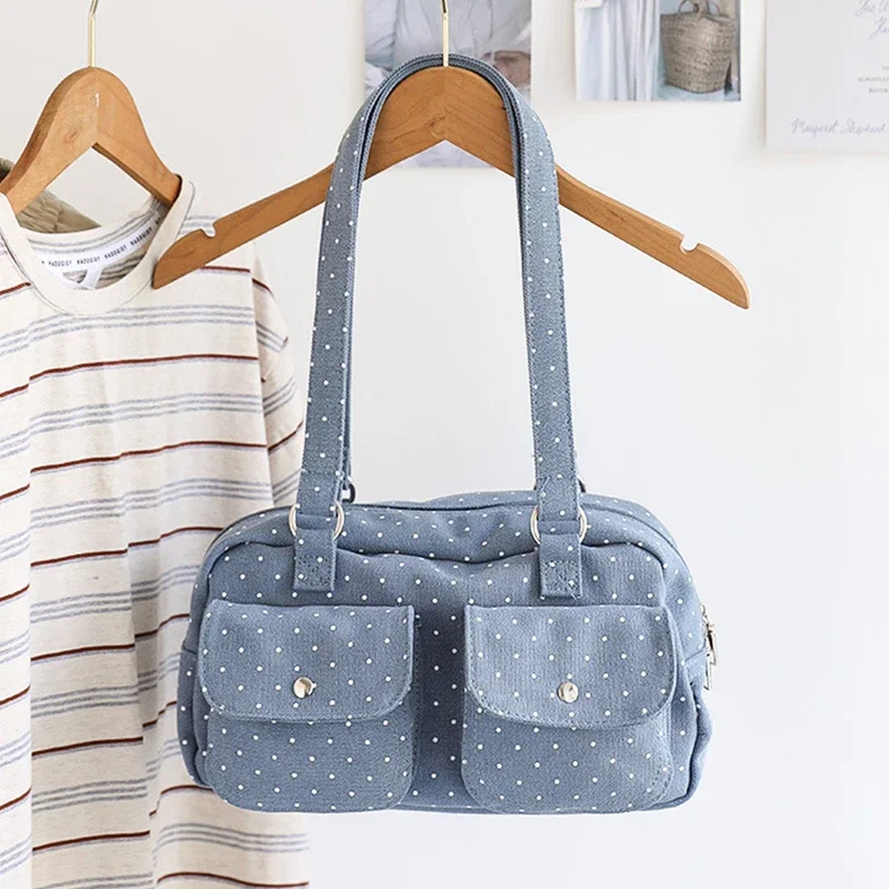 Schultertasche mit mehreren Taschen und Sternenmuster, gepunktet, für Damen, Canvas-Tragetasche, koreanische süße, niedliche, lässige Handtasche für Pendler und Reisen – Detail 15