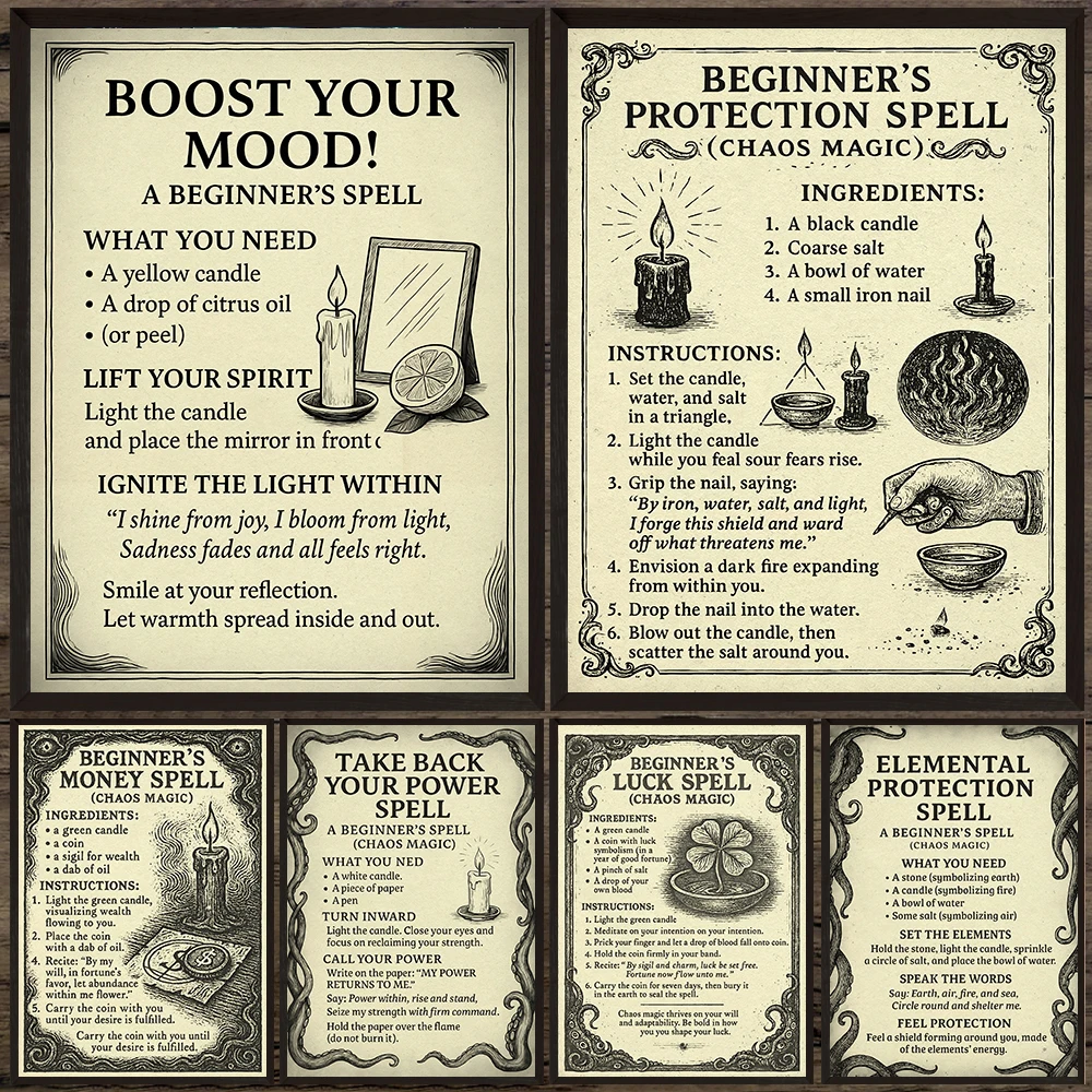 Runes,Spells,Crystals,Candles And Chaos Magic Page Vintage Wall Art Canvas Painting,Witchcraft Pagan Art Poster And Print Decor