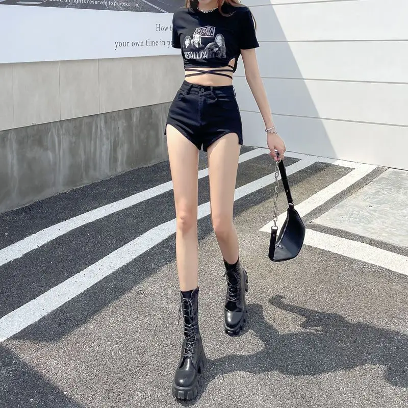 Black High Waist A Line Denim Shorts Distressed Hem Summer Thin Stretch Slim Fit Trendy Casual Hot Pants For Women