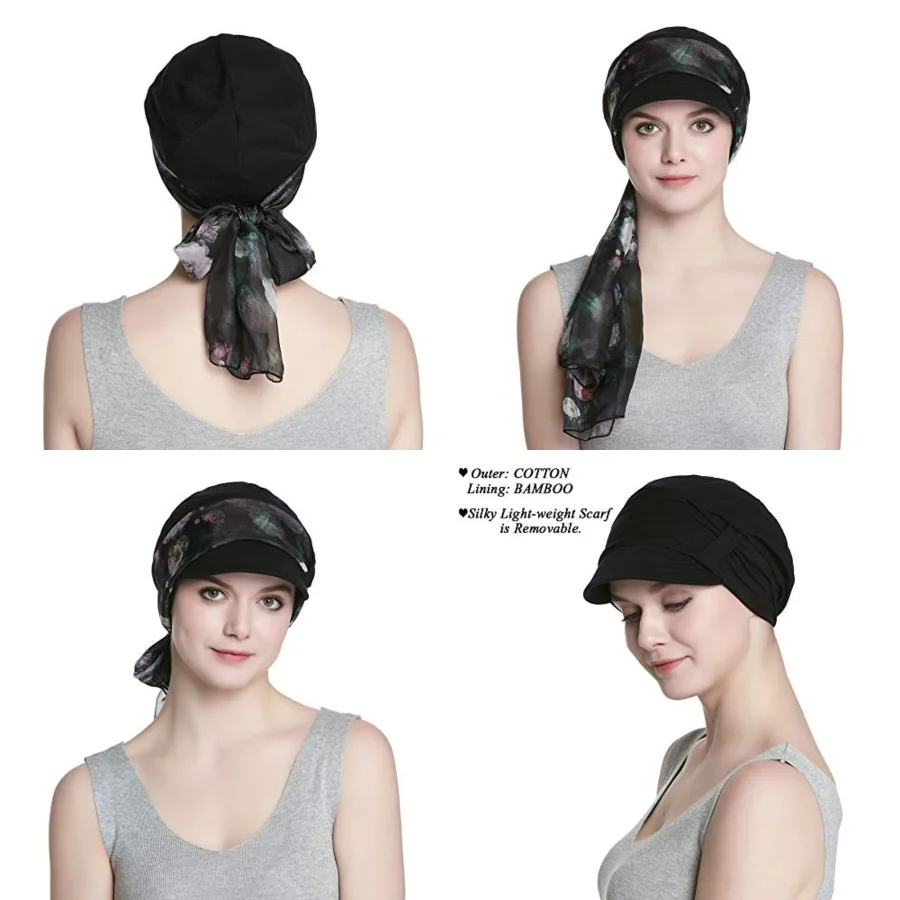 

Breathable Cotton Hat and Scarf Set Chemo Headwear for Women, Black Rose