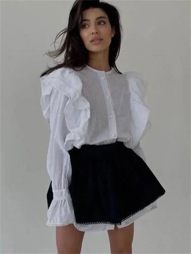 Ruffled Patchwork Fashion Mini Dress Women High Waist Shirts Elegant Party Looks 2 Piece-Set Mini Dress Women White Dress