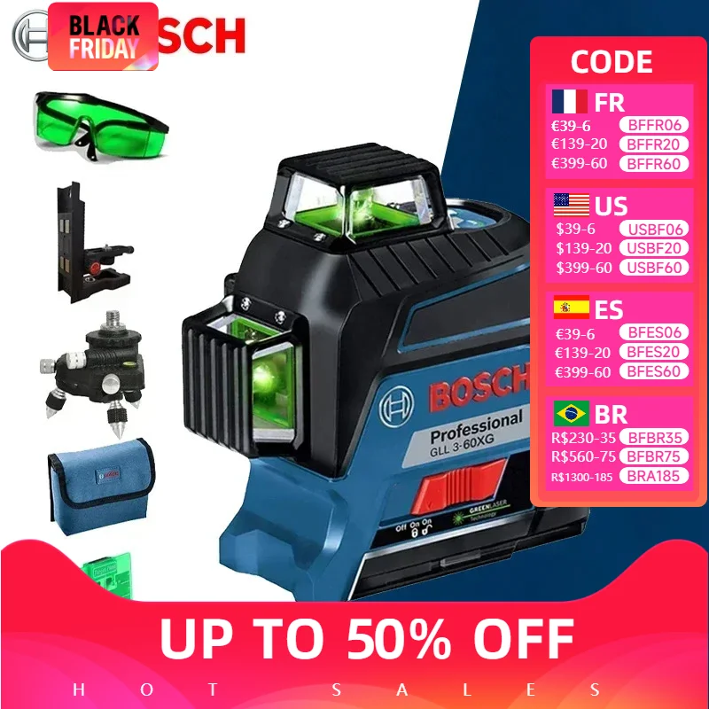 BOSCH GLL3-60XG 12 Lines Laser Level Green 3D All-round Levelling 360⁰ Horizontal & Vertical Cross Super Powerful Measuring Tool