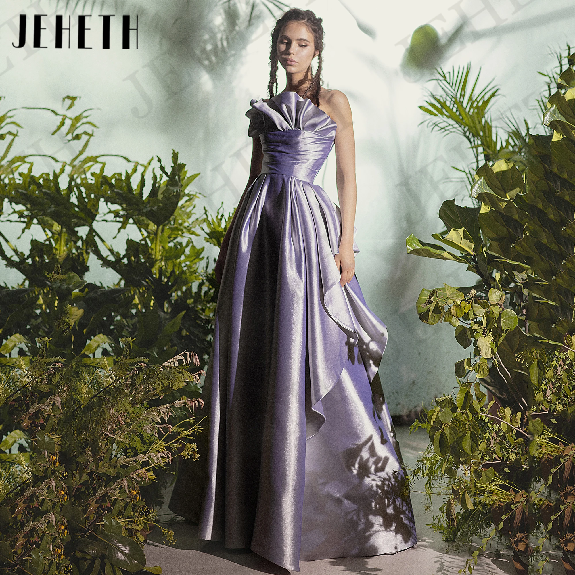 JEHETH Modern Satin Prom Dress Lavender A Line Strapless Floor Length Graduation Dresses vestidos de fiesta Sleeveless Dubai