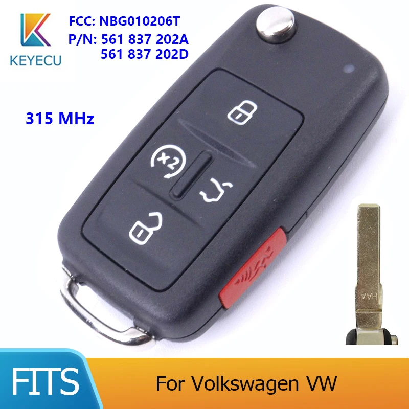 KEYECU Flip pilot z kluczykiem samochodowym do volkswagena VW FCCID: NBG010206T nr seryjny: 561 837 202 D, 561 837 202 A 5 przycisków 315MHz