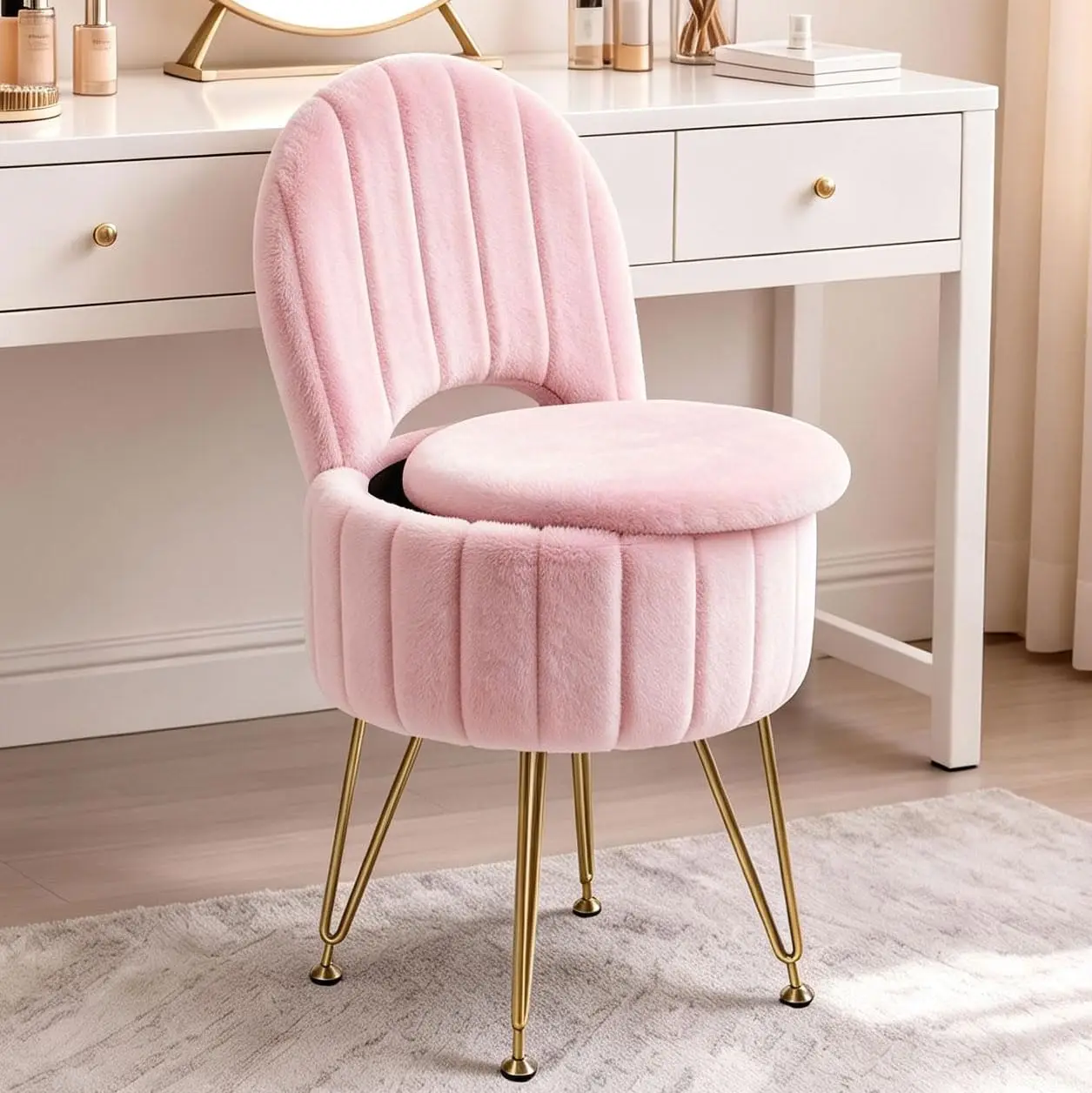 Faux Fur Round Vanity Stool Ottoman with Hidden Storage & Folding Backrest - Upholstered Seat, Gold Metal Legs, Sturdy Metal Frame, Easy Assembly, Space-Saving for Bedroom Dressing Table