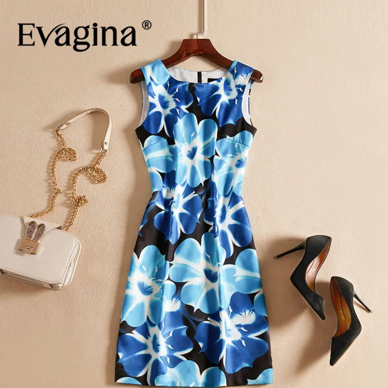 

Evagina Printing Sleeveless Mini Dress 2024 Spring Summer New Women's High Street Party Blue A-Line Short Dresses