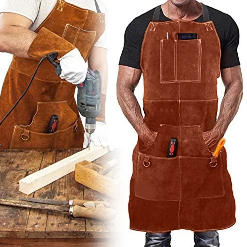 60*90cm Leather Welding Apron With 6 Pockets Washable Heat Insulation Leather Welding Apron Soldering Protective Clothing