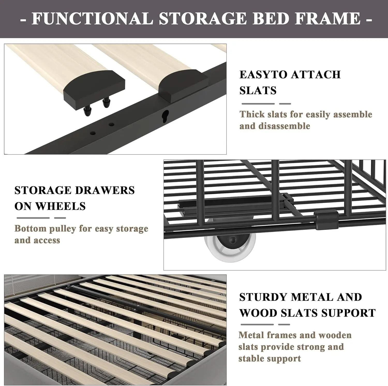 Vecelo-Queen Size Estofados Plataforma Cama Frame, 4 Gavetas De Armazenamento, Veludo Ajustável Rebites Cabeceira, Ripas De Madeira