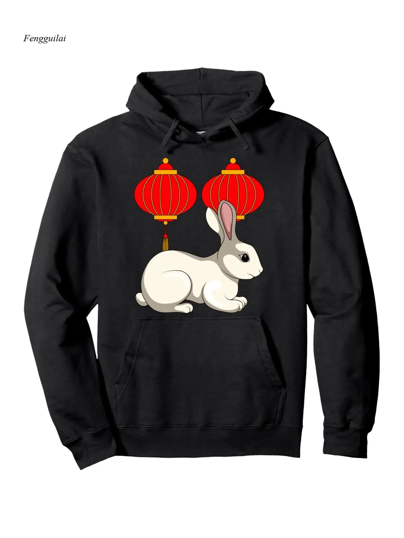 

Толстовка с капюшоном Year of the Rabbit Zodiac — китайский новогодний пуловер с рисунком красных фонариков и кроликом, теплая зимняя толстовка