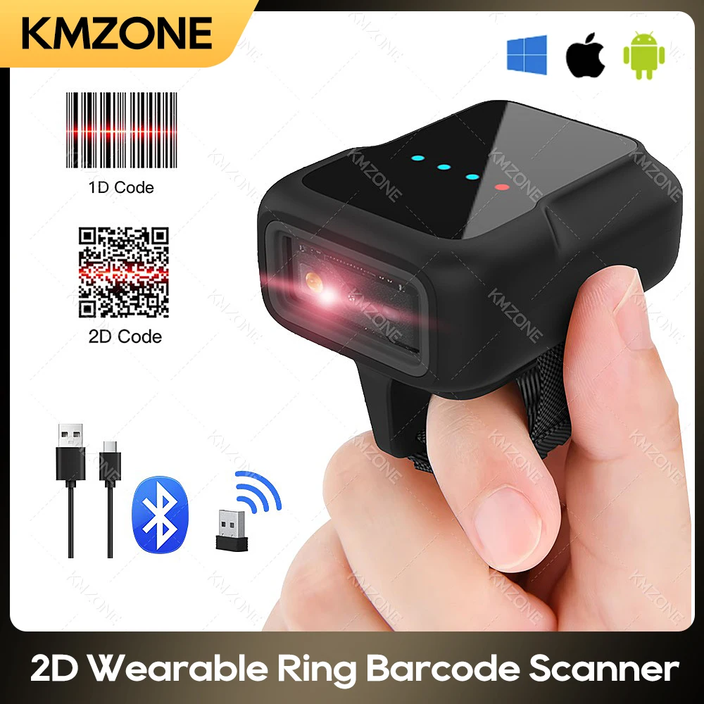 2D Wearable Ring Barcode Scanner Mini Portable 3-in-1 USB Wired & 2.4G Wireless & Bluetooth QR Image with Display Battery Level