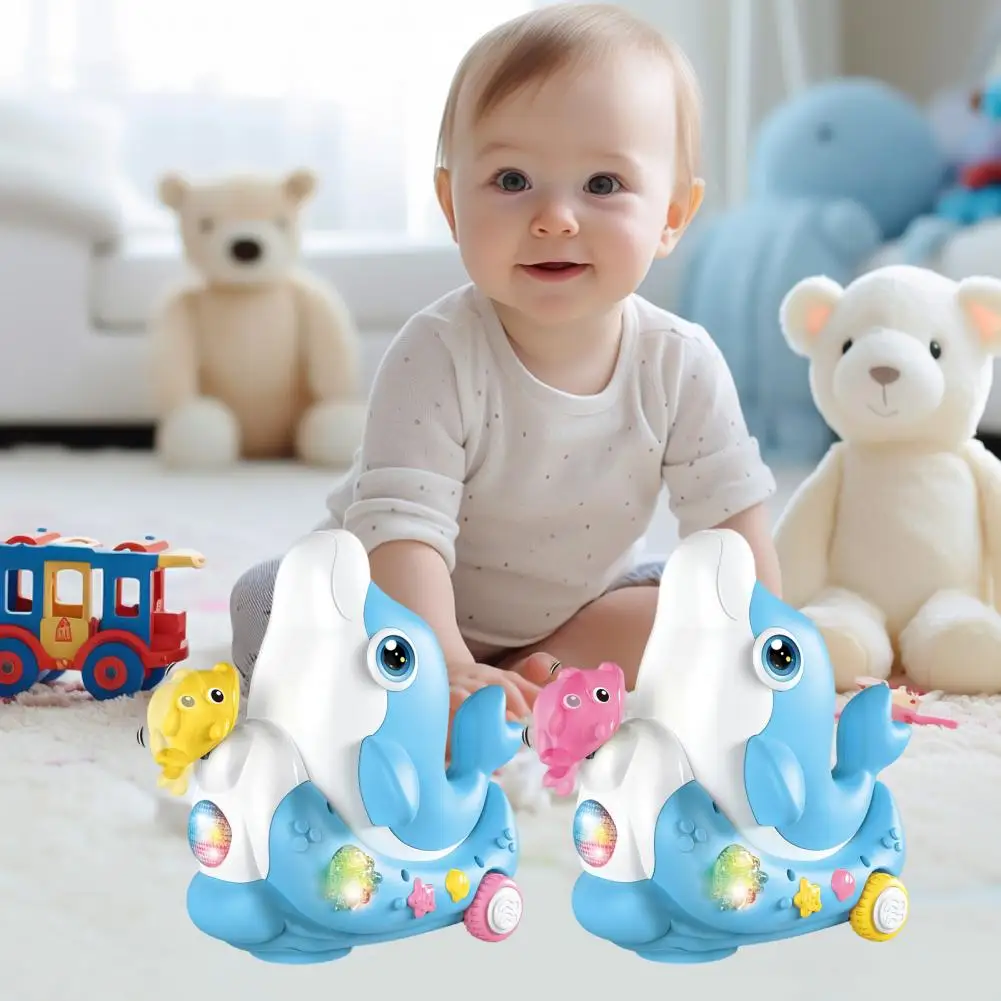 Dolphin Crawling Toy para bebê, Brinquedo educativo golfinho ambulante com luz musical para crianças infantis, carro do mar para meninos