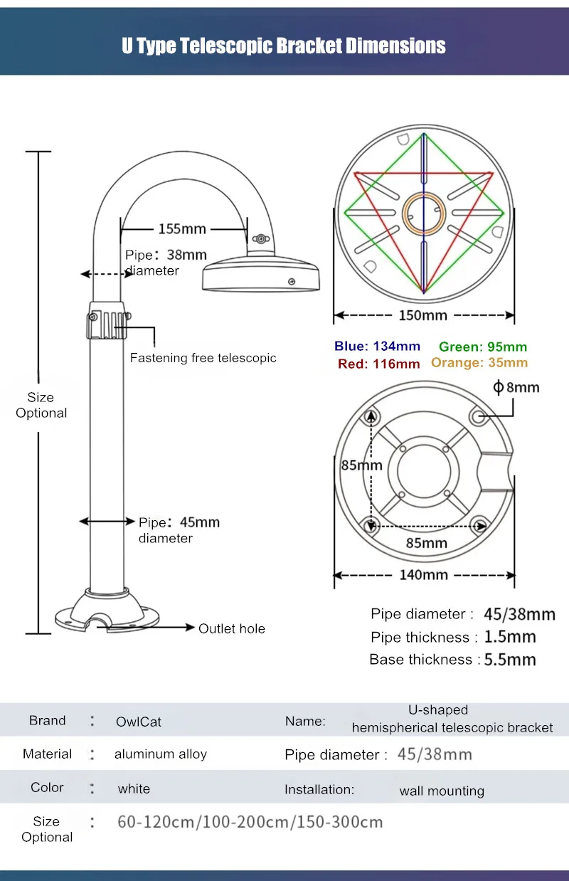 Aluminium-Dome-Kamera-Teleskophalterung für Hikvision Dahua, halbkugelförmige Panoramakamera, an der Wand montierte Hebe-Verlängerungsstange – Detail 5