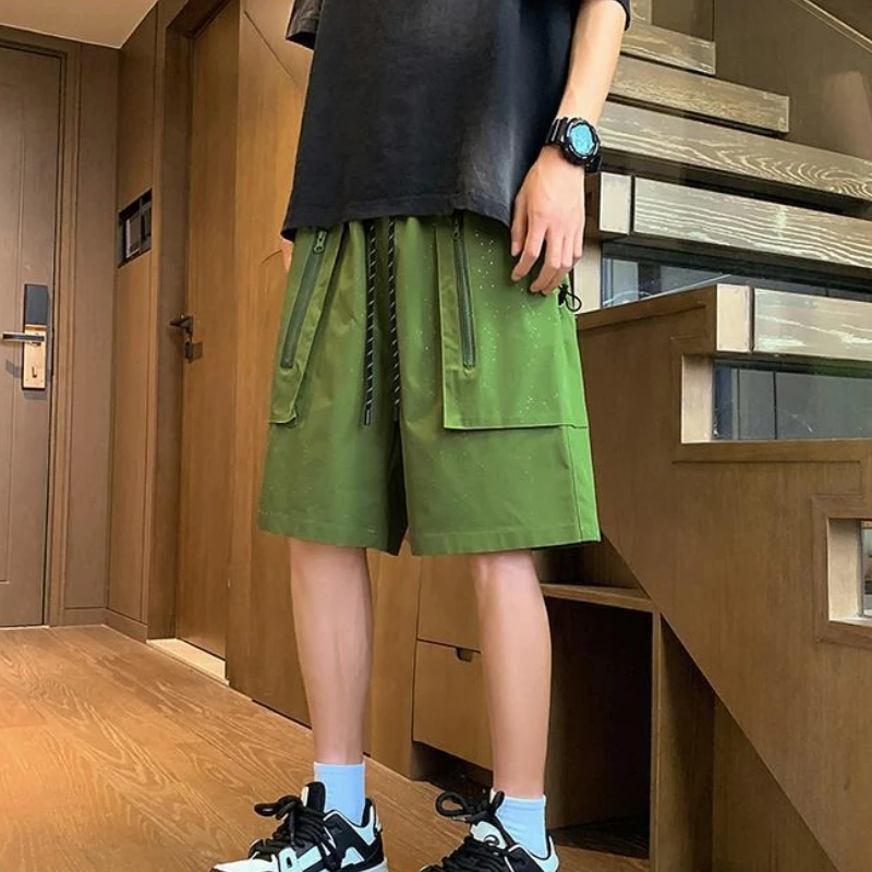 Celana Pendek Pria Pakaian Panjang Hitam Celana Pendek Kargo Bermuda Pria Cantik Pakaian Gaya Jalanan Jepang Baru Nilon Nyaman