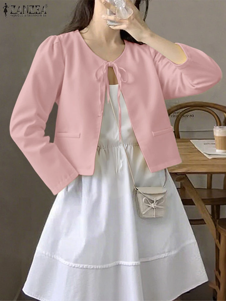 2025 ZANZEA Módní dámské kabáty Podzimní bundy s dlouhým rukávem Jednobarevné bandážované otevřené stehy Neformální kardigany Volné svrchní kabáty - náhled 3