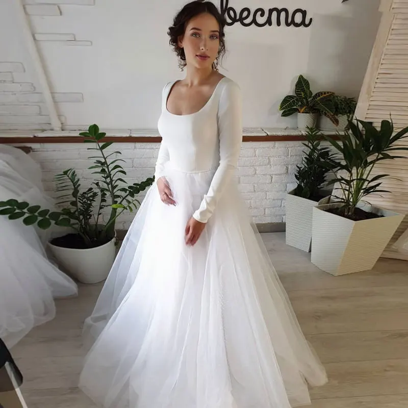 

GUXQD A-Line Women Wedding Dresses Long Sleeves Scoop Neck Bridal Gowns Formal robe de mariée Vestido De Noiva Abendkleider