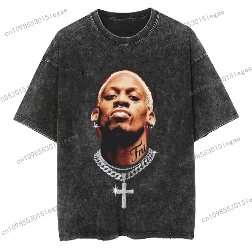 

Portrait Printed Basketball T-Shirt Men's Retro Washed Short Sleeve T-Shirt Men's Hip Hop T-Shirt Streetwear Dennis Rodman