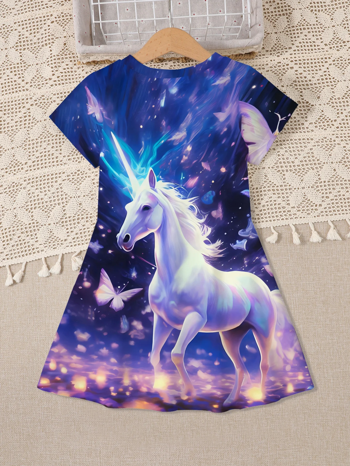 Girls Short Sleeve A-line Dress, Magical Galaxy Unicorn & Butterfly Print Swing Skirt,Kids Summer Purple Starry Sky Casual Dress