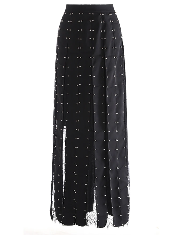 YERMORA High Waist Black Tassel Spliced Lace Back Zipper Half Body Skirt For Women Fashion Loose Spring Summer 2025 New A405