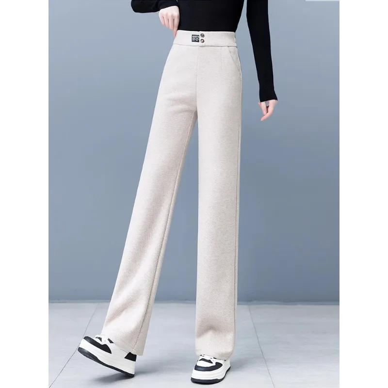 

Woolen Pants for Women, and Winter Fleece-Lined Glutinous Rice Pants, Elastic Waist, Slim Fit Straight-Leg Pants