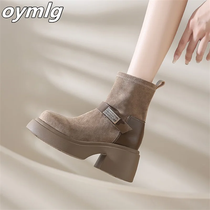 Bottes en Daim à Semelle Épaisse artificiel astique pour Femme, Chaussures Polyvalentes Décontractées, Augmentation de la Hauteur, Nouvelle Collection Automne 2024