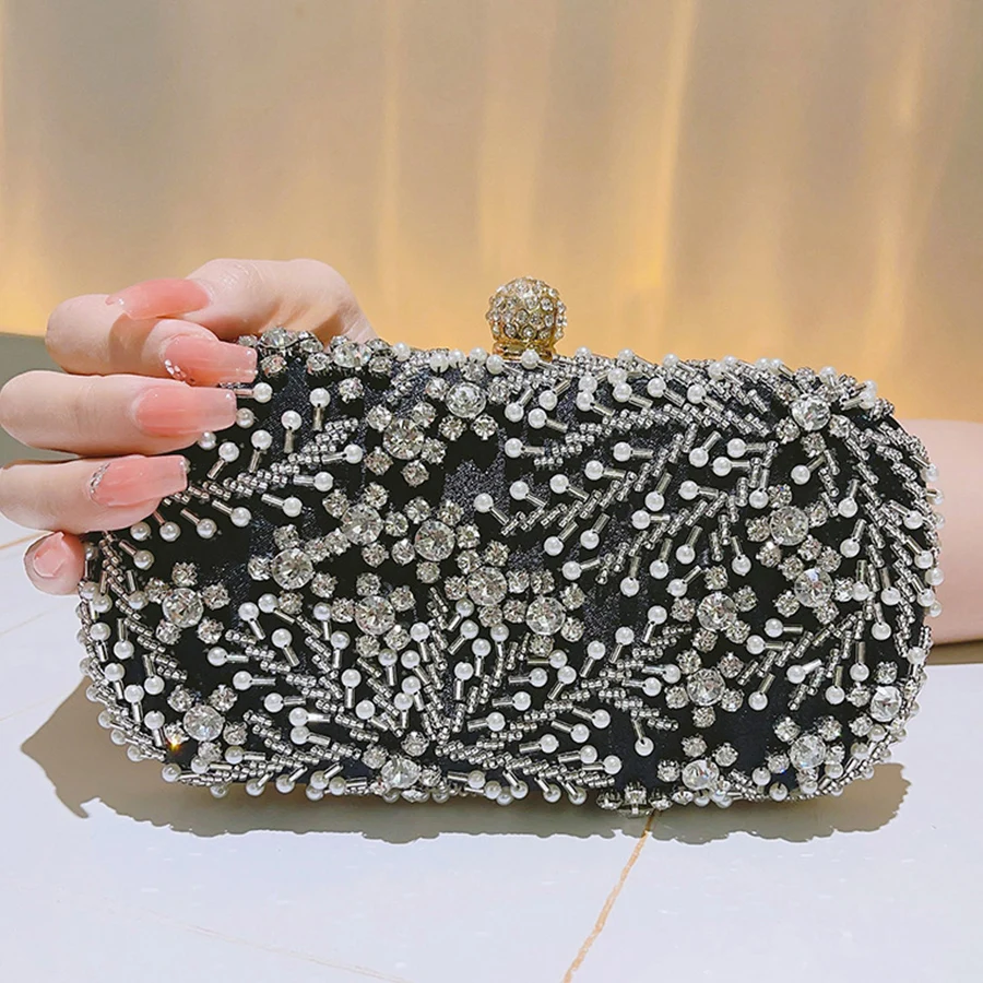 

Fashion Women Dinner Bags Flower Diamonds Small Clutch Luxury Lady Handbags Evening Bags New Arrival Chain Shoulder Purse Black