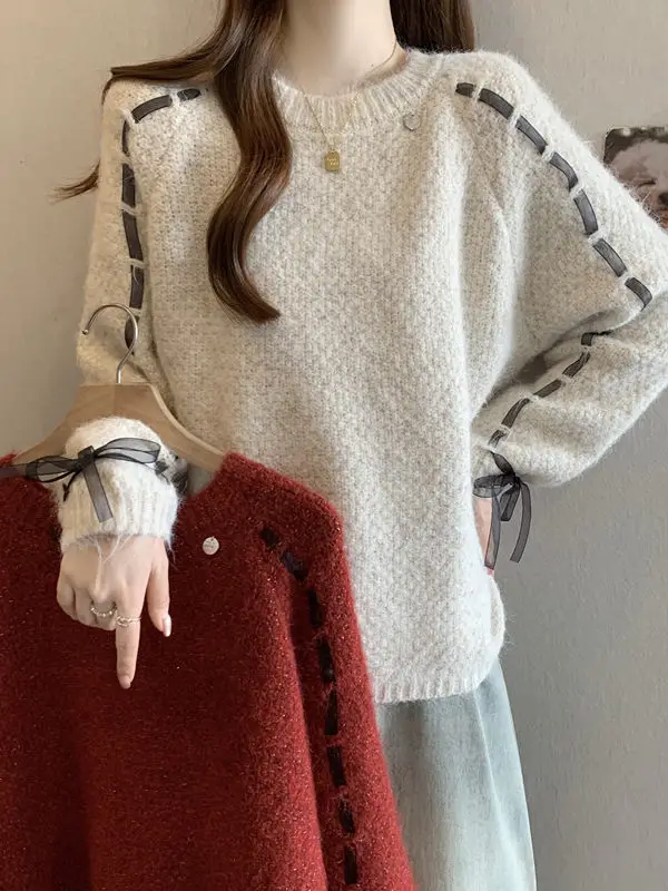 

Korean Sle Long Sve Knitwear Women's Spring Casual Knot Belted Large Size Comfortable Breathable Commute Wear