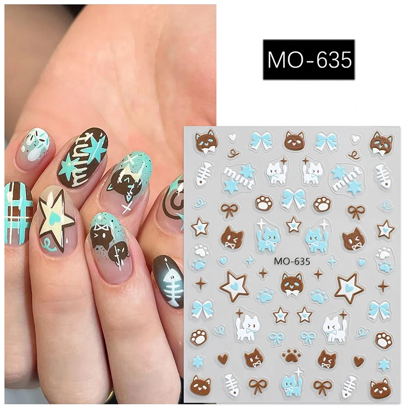 3pcs 5D Embossed Nail Art Decals Blue Coffee Cute Cats Bears Stars Hearts Nails Stickers Decorations For Manicure