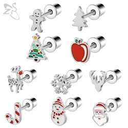 ZS 2pcs/lot 20G Stainless Steel Stud Earring for Women Apple Christmas Tree Santa Claus Shape Earring Helix Cartilage Piercing