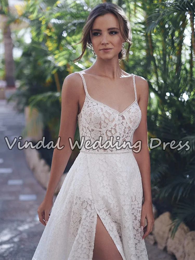 Suknia ślubna Vindal Boho, linia A, cała z koronki, 2026, seksowne ramiączka spaghetti, suknia ślubna z wysokim rozcięciem, Vestido De Noiva, możliwość personalizacji.