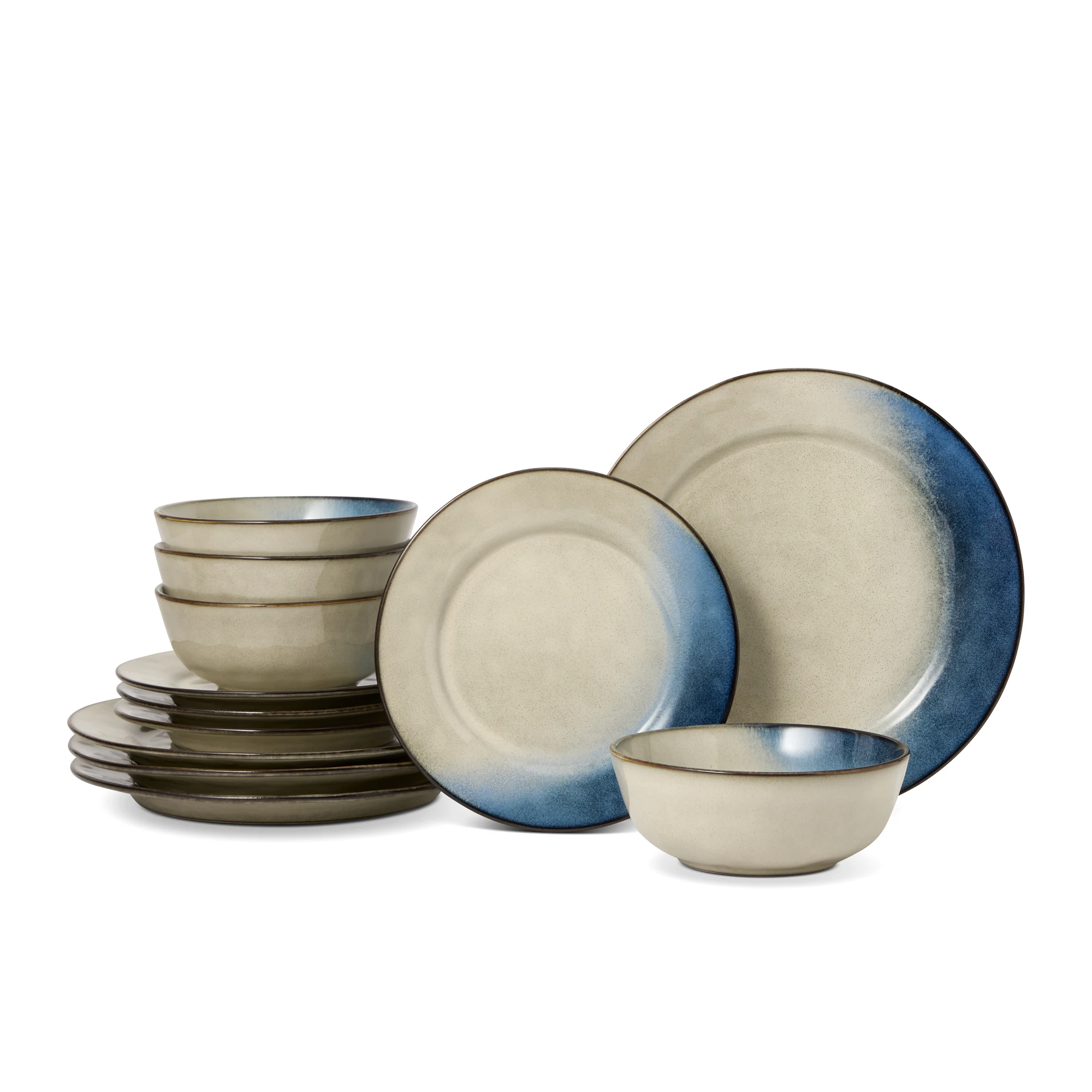 

12-piece blue reactive ceramic dinnerware set for everyday use