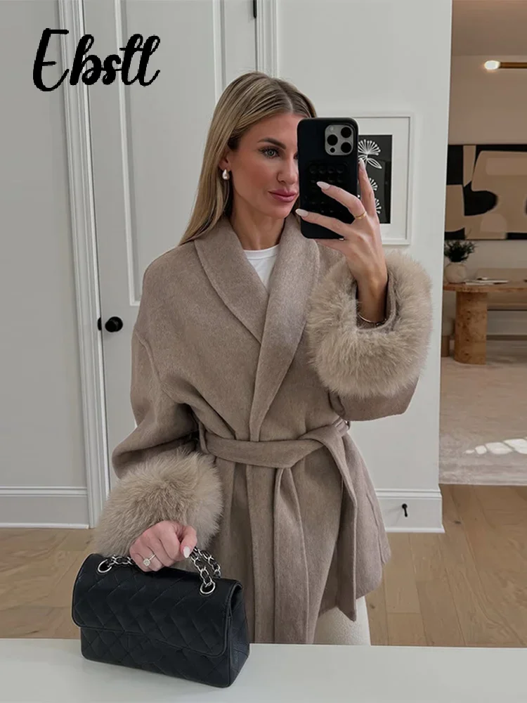 معطف صوفي دافئ مرقع من الفرو برباط علوي معطف نسائي للشارع بياقة مقلوبة وأكمام كاملة معاطف شتاء جديد للسيدات ملابس خارجية أنيقة