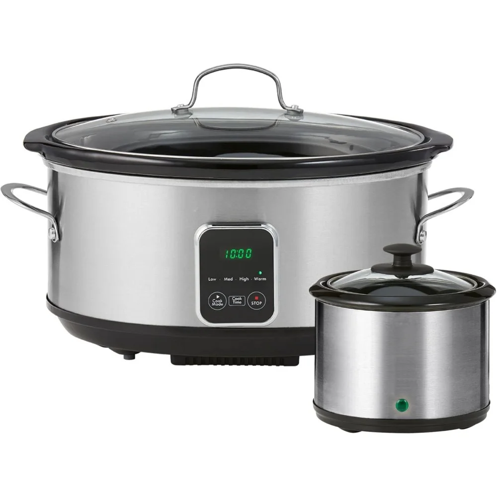 

7 Qt (6.6L) Slow Cooker with Dipper Sauce-Warmer, Black and Silver, Stainless Steel, Digital Display, Slow Cooker