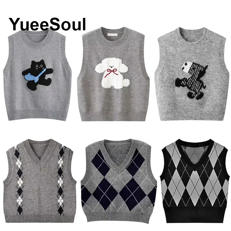 Women's Vests Grey Argyle Printed Pullover Sleeveless Knit Sweater Vest  2025 New Y2K High Street Casual Knitwear Waistcoat