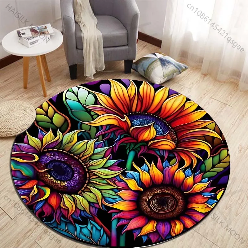 Colorful sunflower art Printed round carpet living room sofa table carpet large pet mat soft round carpet home decoration
