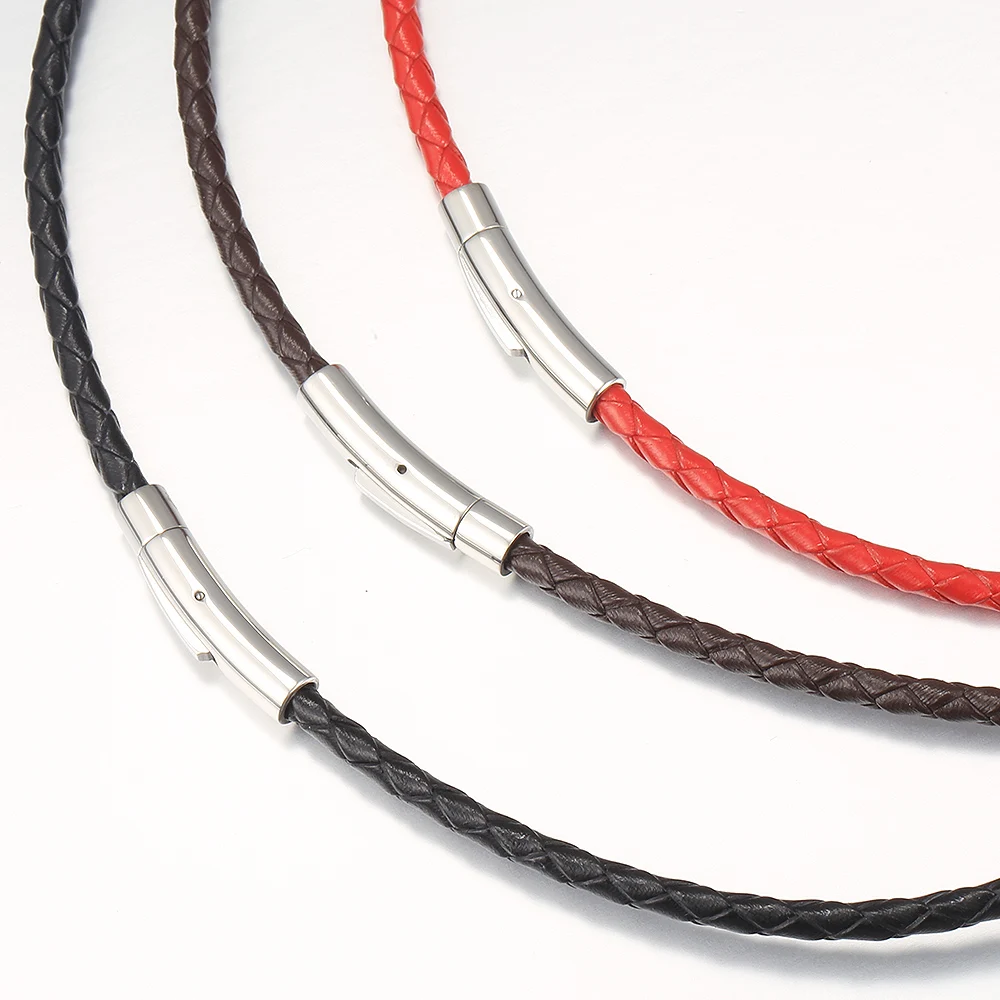 4mm/6mm Man-made Leather Necklace Choker Red Black Brown Braided Rope Chain for Men Boy Male Push Clasp Jewelry Gifts UNM39