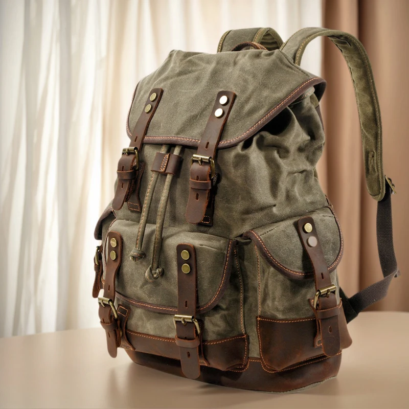 Heavy Duty Vintage Rucksack Waxed Canvas Computer Travel Pack Waterproof Men's Hiking Motorcycle Mountaineering Backpack