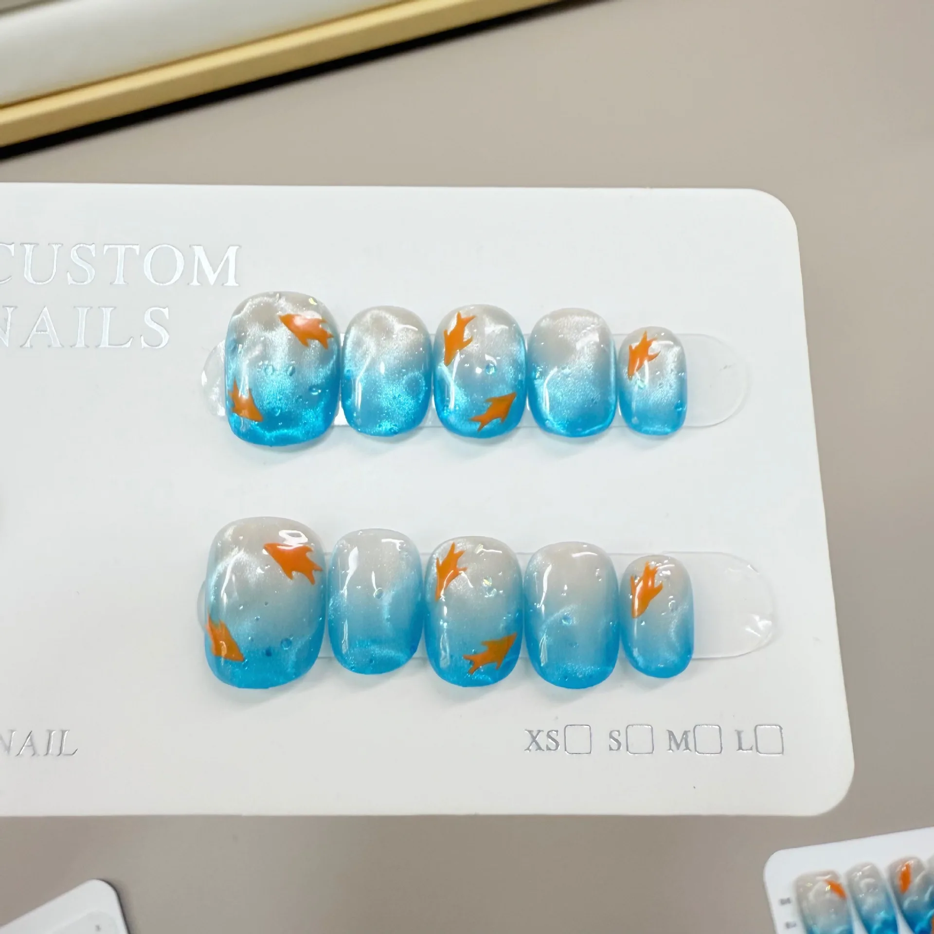 

10pcs Handmade Press on Nails Deep Blue Fish Ripple Cat's Eye Full Coverage Nail Tips for Women&Girl Removable Wearable Nail
