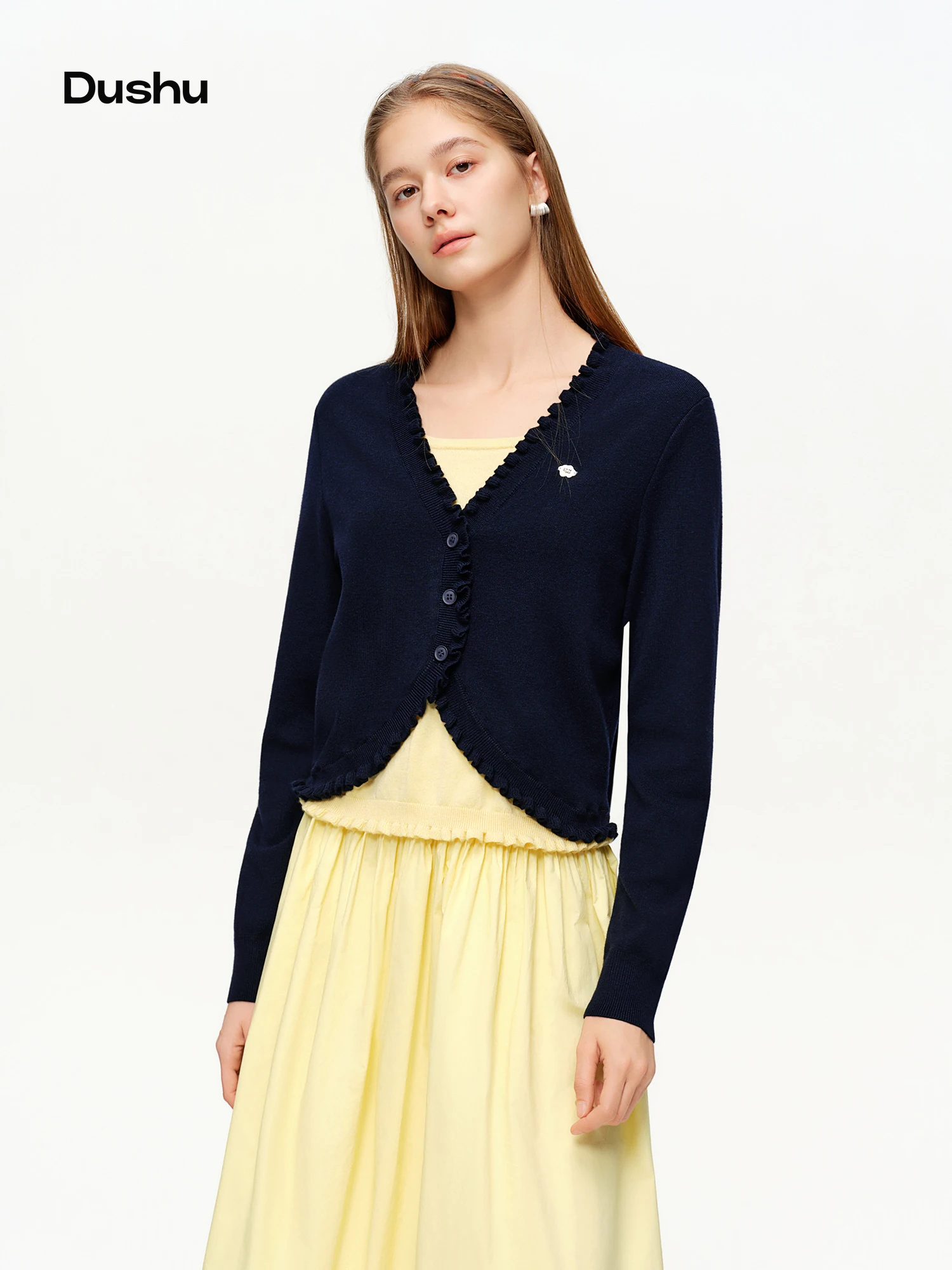 DUSHU 2026 Spring Women's False Two Piece Cardigan Lace Trim Ruffle Collar Short Knit Jacket Y2K Cropped Button Up Top Sweater