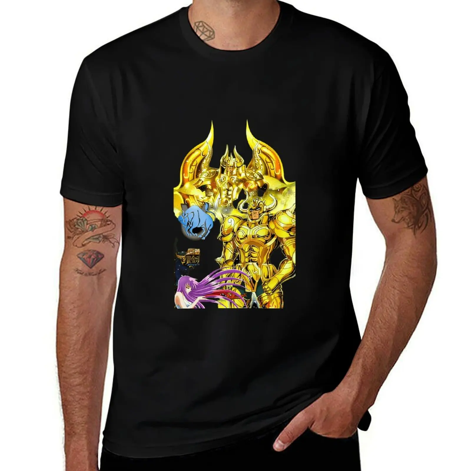 

100% Organic Cotton T-Shirt Men Artsy Eco Fabric Striped Pattern Saint Seiya Gold Saint Knights of the Zodiac Taurus Aldebaran